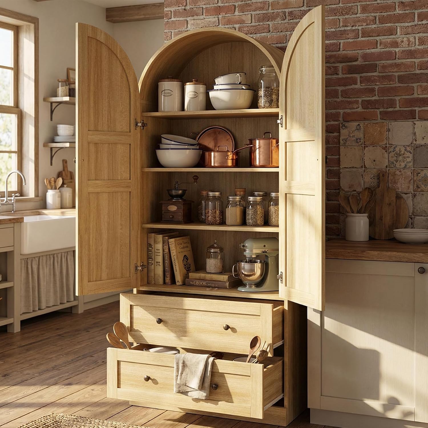 IDEALHOUSE 72" H Arched Kitchen Pantry with 2 Drawers, Farmhouse Wooden Tall Kitchen Storage Cabinet w/ 2 Doors & 3 Shelves, Versatile Freestanding Food Cupboard for Kitchen, Dining Room, Natural