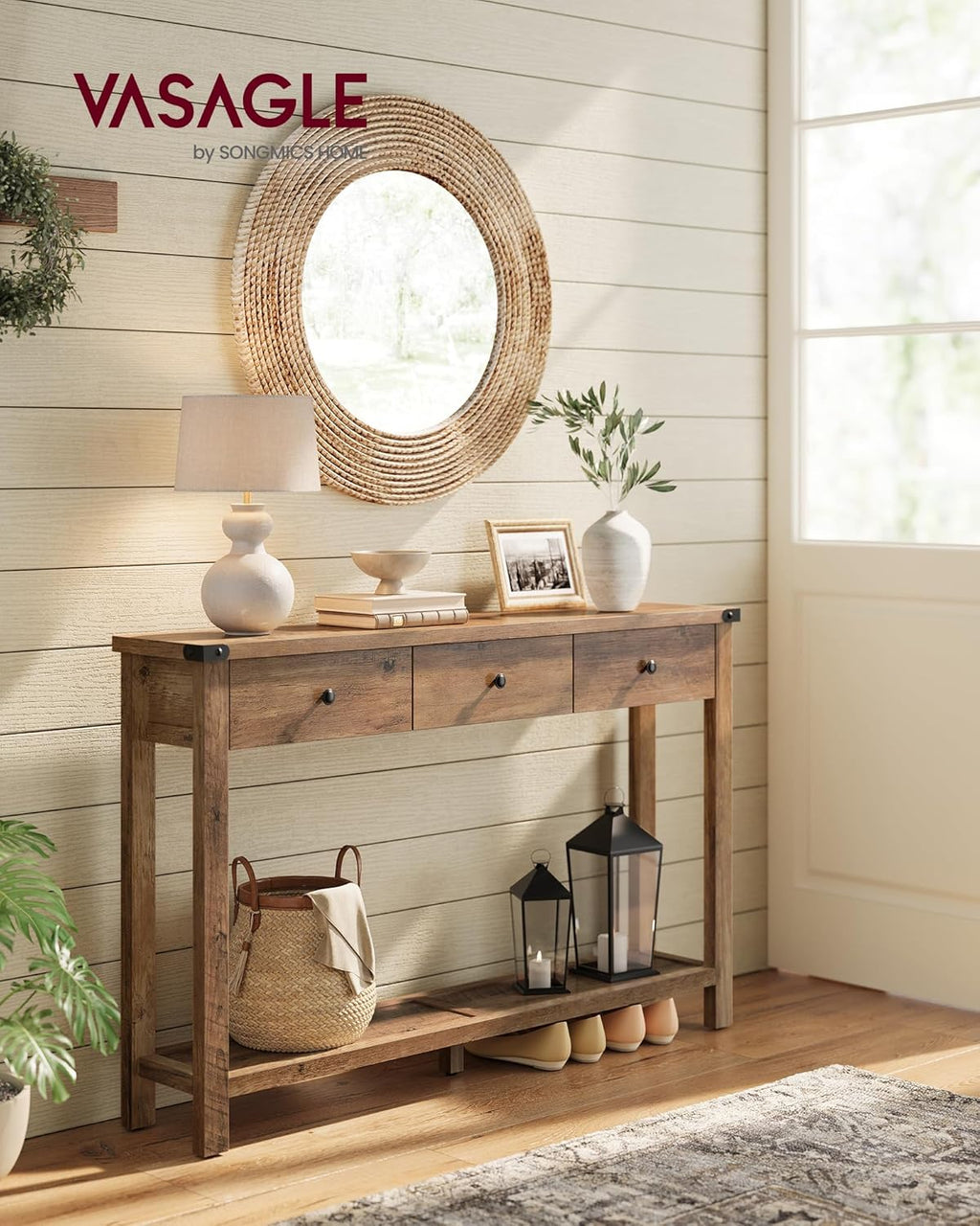 VASAGLE LIRY Collection - Console Sofa Table, Narrow Entryway Table with 3 Drawers, Open Storage Shelf, Metal Corners, for Living Room, Farmhouse Style, Honey Brown ULNT142KB02S