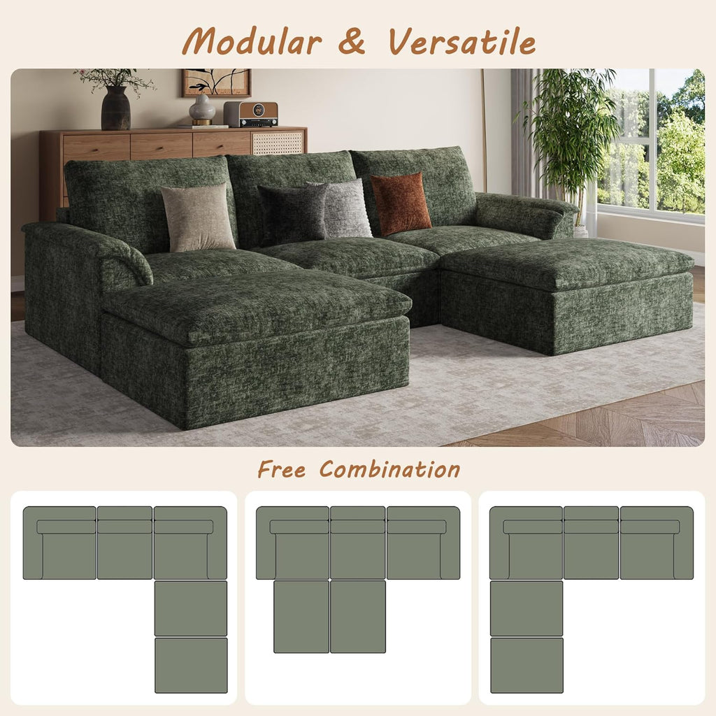 EASE MOOSE Oversized Cloud Sectional Boneless Couch for Living Room, Modern U-Shaped Modular Couch with Ottoman, Comfy Chenille Deep Seat Compressed Sofa, Green