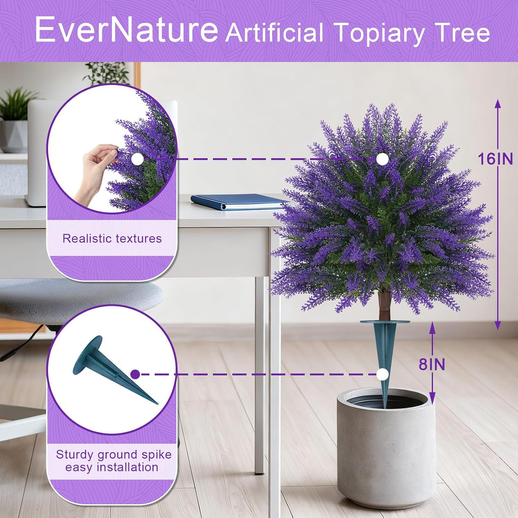 Artificial Lavender Topiary for Outdoors 2 Set of 16'' UV Resistant Evergreen Fake Shrubs Bushes with Ground Spike Topiary Ball Faux Plants for Outdoor Indoor Front Porch Garden