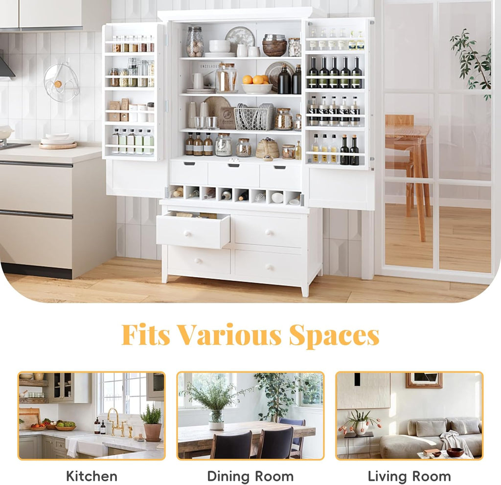 Mirightone 71'' Kitchen Pantry Storage Cabinet, Freestanding Cupboard with 7 Drawers and 3 Adjustable Shelves, Hutch Bar Cabinet with 8 Door Shelves for Kitchen, Living Room, Dining Room, White