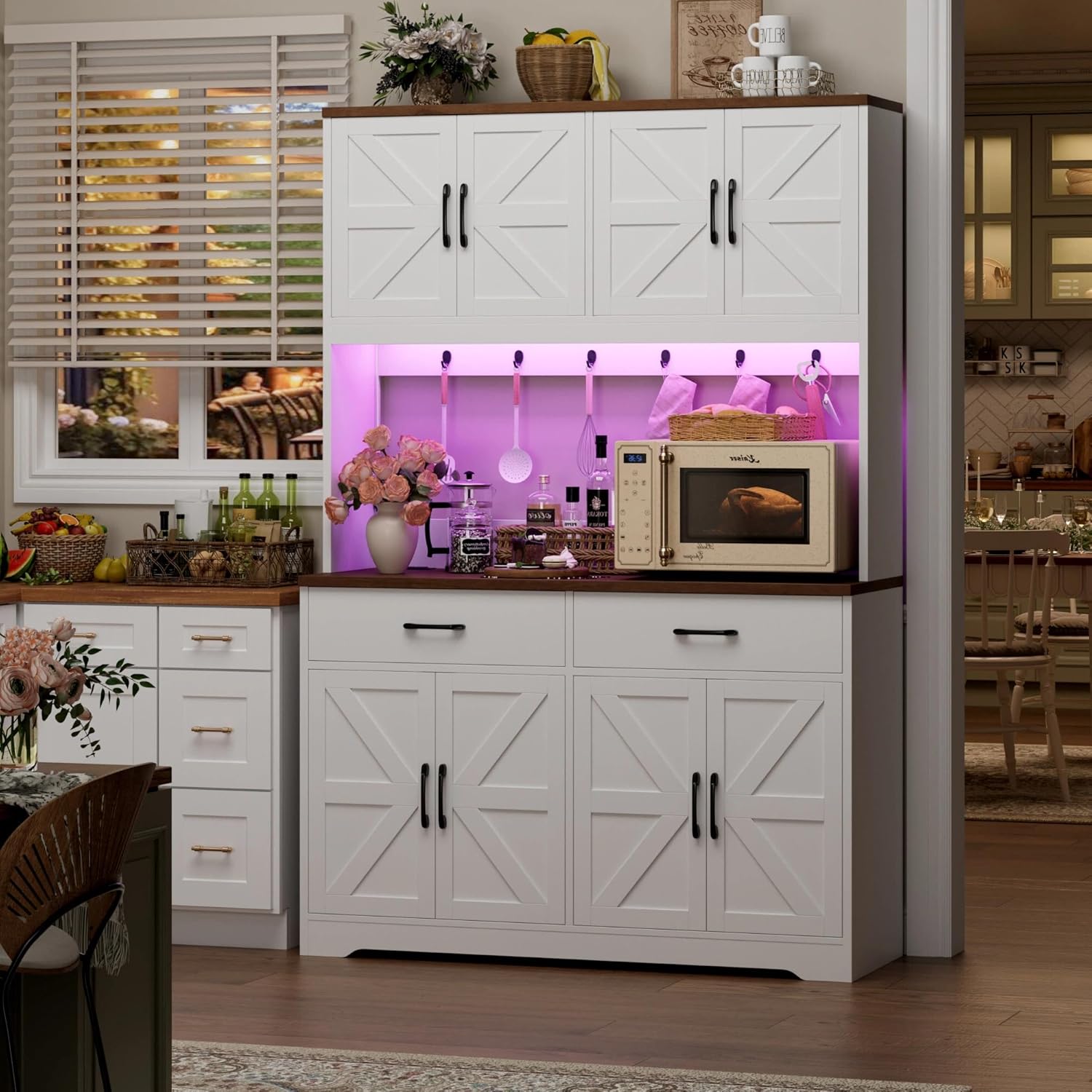 HIFIT 71" Tall Kitchen Pantry Cabinet with RGB LED and Charging Station, Farmhouse Coffee Bar Cabinet with Large Countertop and 6 Hooks, Kitchen Hutch Storage Cabinet, White