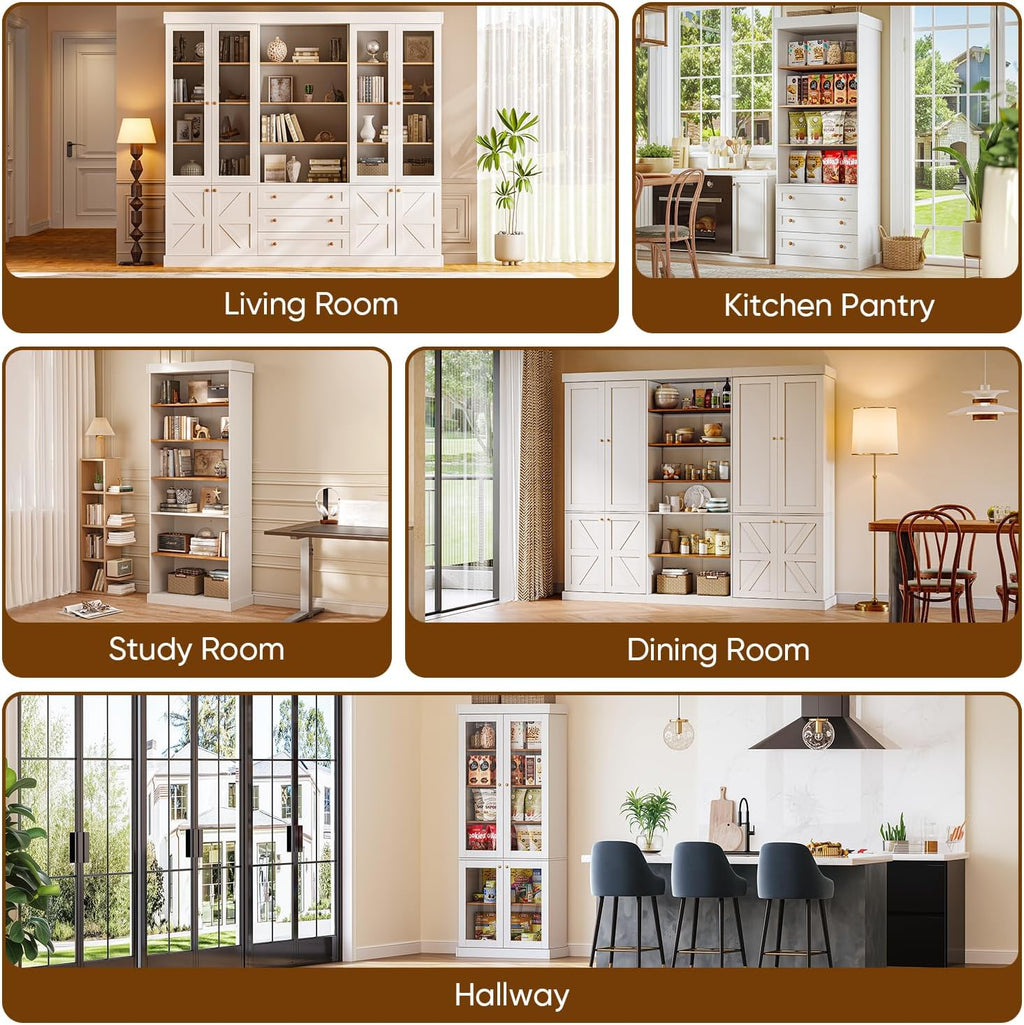 ivaniti 70.8" Tall Farmhouse Kitchen Pantry Cabinet with Glass Doors, Modular Storage Cabinet with 6-Tier Adjustable Shelves, White, Wooden Hutch for Kitchen, Living Room, Set of 2