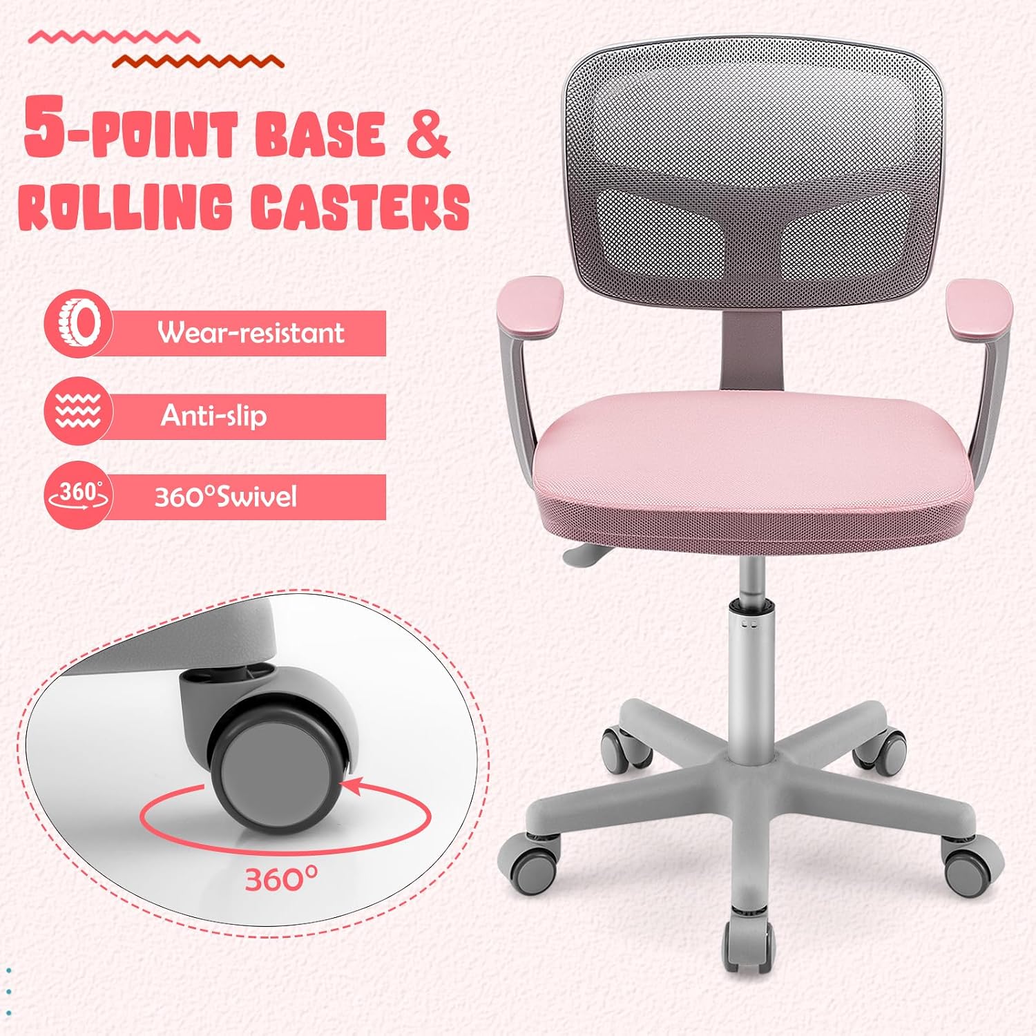 HONEY JOY Kids Desk Chair, Height Adjustable Children Study Chair, Swivel Mesh Task Student Chair, Universal Casters, Child Computer Desk Chair for Boys Girls Age 3-10 (Pink)