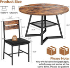 IRONCK Round Dining Table Set for 4, 47.2'' Kitchen Table with 4 PU Leather Upholstered Chairs, Dining Room Table Set with Large Storage Shelf, 5 Piece Kitchen Table and Chairs, Rustic Brown