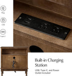 HULALA HOME Solid Wood End Table with Charging Station, 3 Drawer End Table with Pull-Out Tray, USB & Type-C Ports, Traditional Curved Front Accent Side Table for Living Room Sofa, Walnut