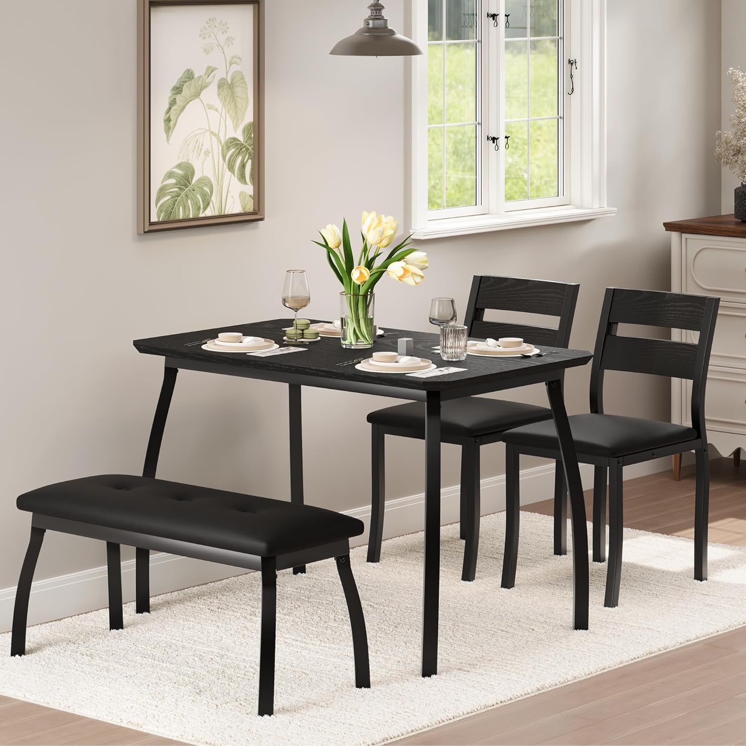 Dining Table Set for 4, 3-Piece Wooden Kitchen Table with 2 Upholstered Benches, Space-Saving Dinette Set for Restaurant, Studio, Dining Room, Home Kitchen, Gray (Black, 2 Chairs + 1 Bench)