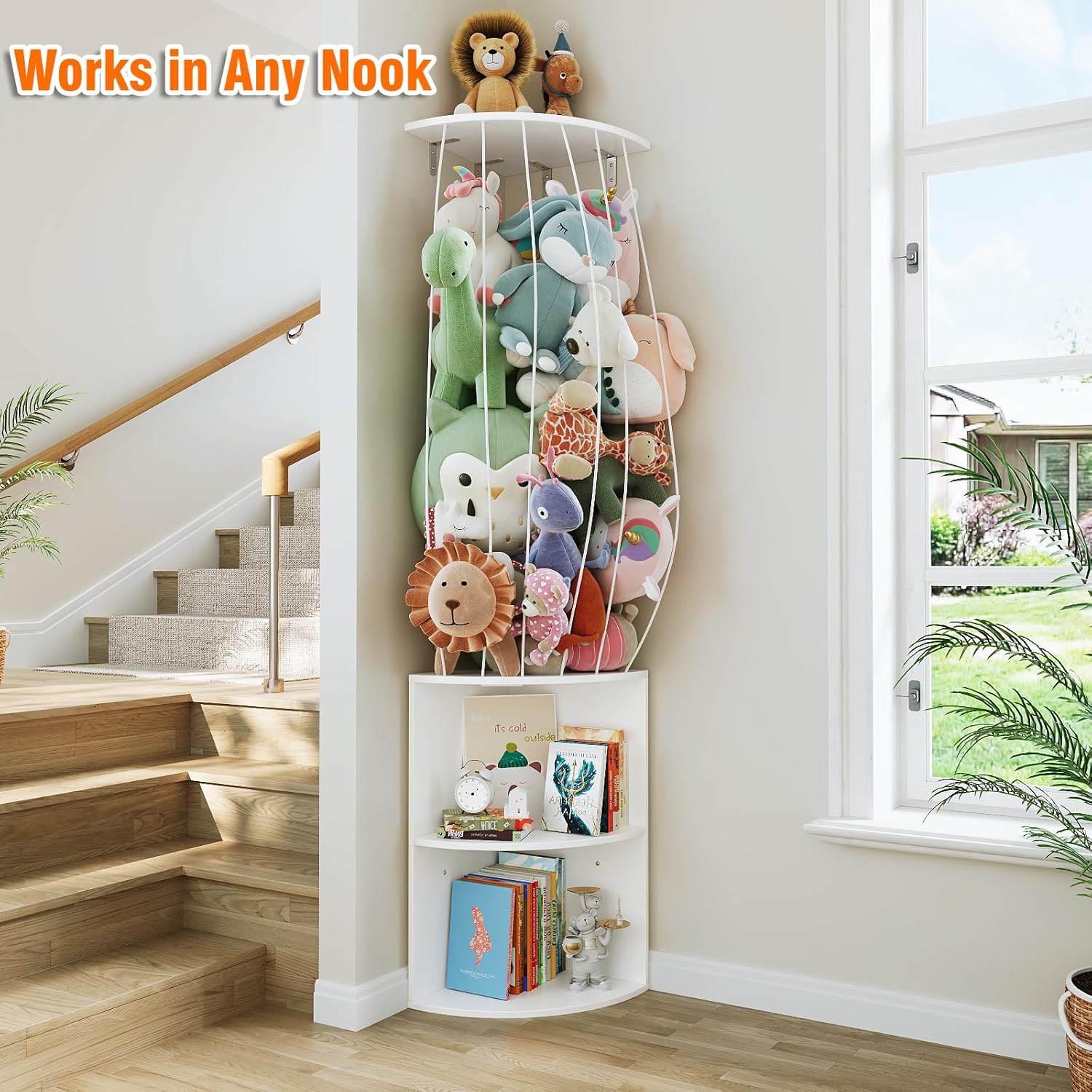 74.7" H Stuffed Animal Storage with 2-Tier Corner Bookshelf - Wall Mount Height Adjustable Plush Toy Organizer, Wooden Kids Bookshelf for Small Spaces Nursery Playroom Kids Room, White