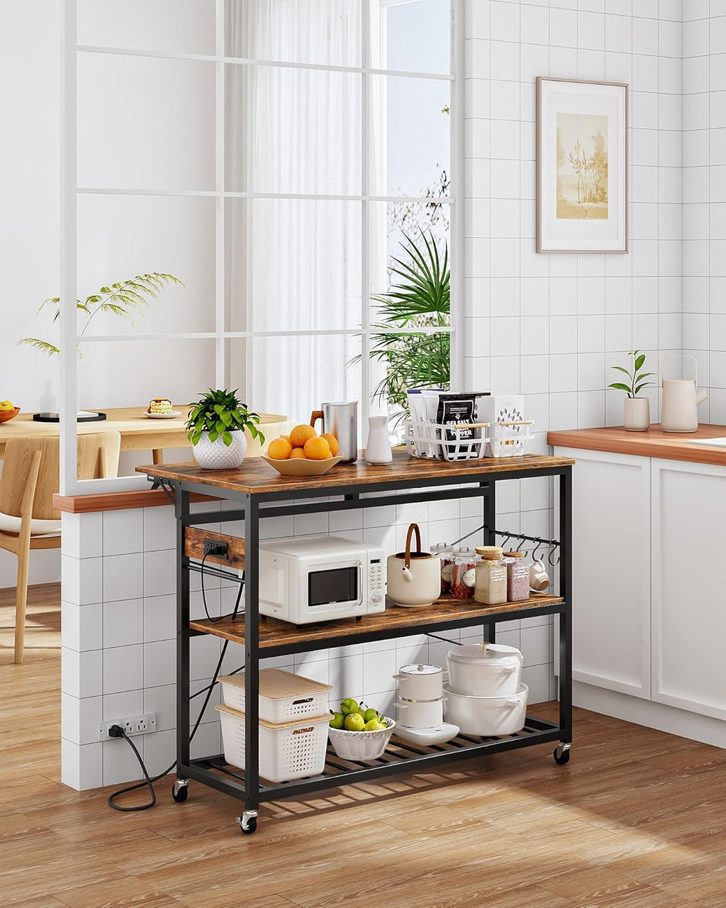 CHOEZON Kitchen Island with Power Outlet and Folding Top, Movable with 3-Tier Storage, Large Size, Wooden Shelves and Wine Rack, for Kitchen, Dining and Living Room, Rustic Brown and Black TZD02UBF