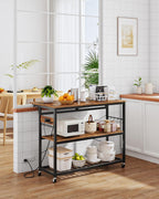 CHOEZON Kitchen Island with Power Outlet and Folding Top, Movable with 3-Tier Storage, Large Size, Wooden Shelves and Wine Rack, for Kitchen, Dining and Living Room, Rustic Brown and Black TZD02UBF