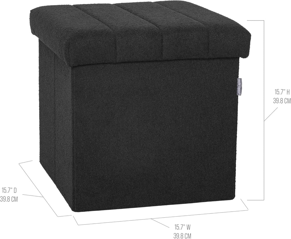 Seville Classics Cushioned Fabric Ottoman Hidden Storage Chest Footrest Chair, Padded Seat for Bedroom, Dorm, Loft, Living Room, Entryway, Hallway, Black Boucle, 15.7" Cube