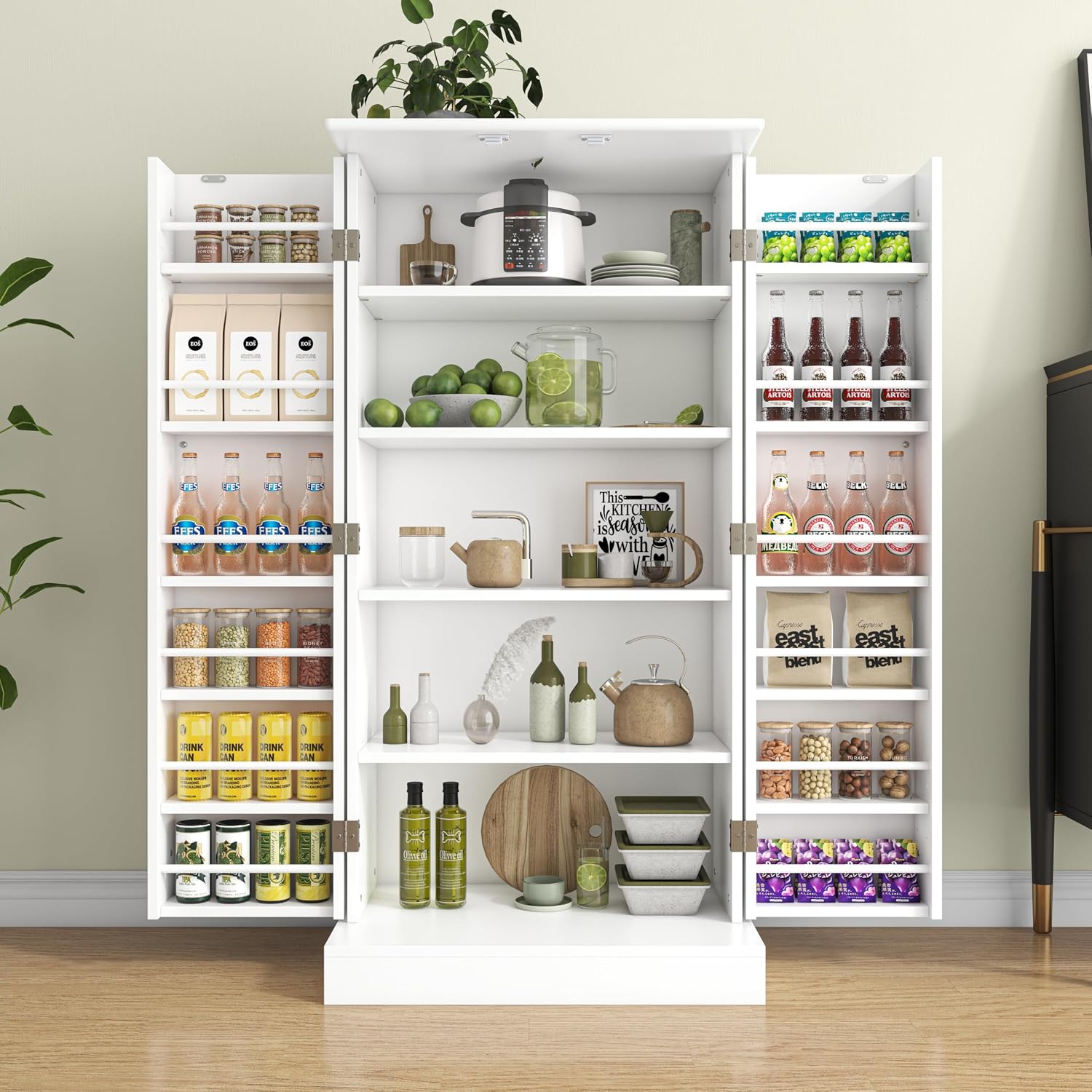 kepptory Kitchen Pantry Cabinet 47" H, Farmhouse Storage Cabinet with Adjustable Shelves and Drawer, Buffet Cupboards Sideboard for Kitchen, Dining Room, Living Room (White, 16" D x 24" W x 47" H)