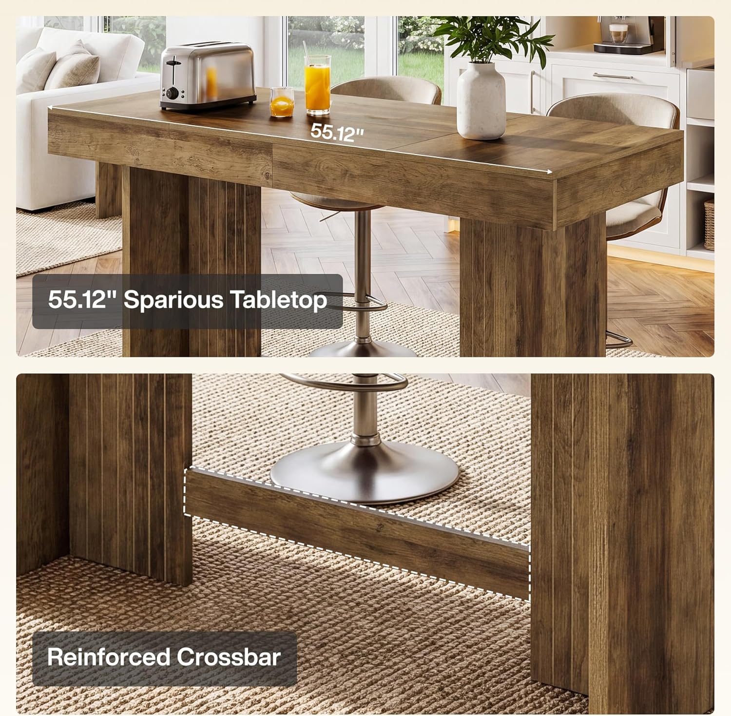 Tribesigns 55" Kitchen Island, Farmhouse Wooden Stationary Island Table with Large Worktop & Leg Room, Coffee Bar Table for Meal Prep, Dining, Entertaining, Natural Brown