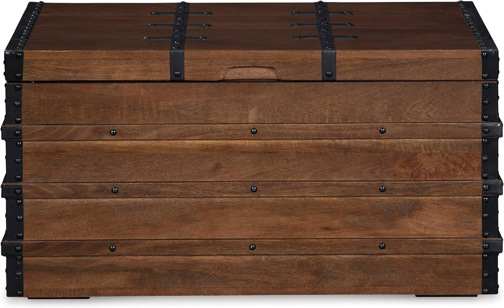 Signature Design By Ashley Kettleby Wooden Storage Box Trunk, Vintage‑Style Coffee Table With Hinged Top And Hidden Storage, Wood Construction With Metal Hardware For Living Room Organization, Brown