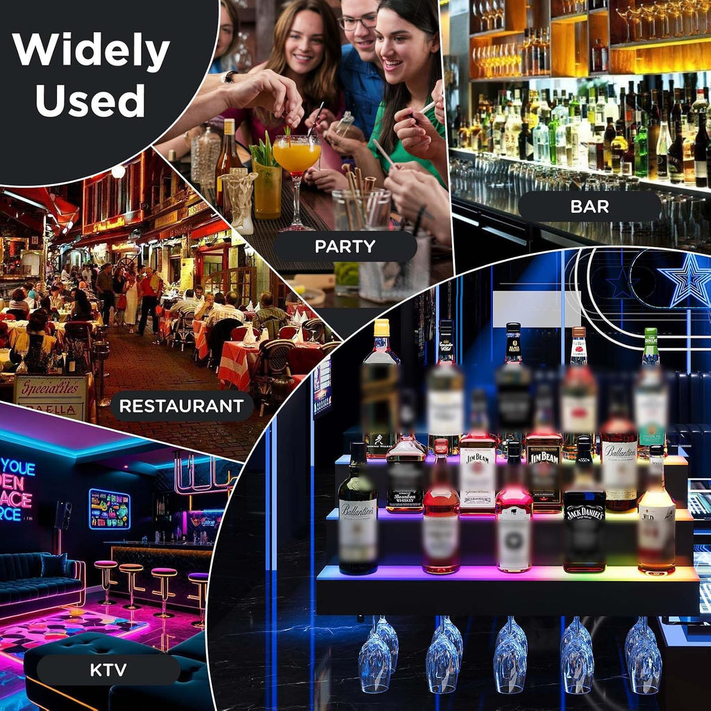 Dethan 2 Tier 32 Inch LED Lighted Liquor Bottle Display Shelf - Wall-Mounted Wine Rack with Multi-Color App & Remote Control, Adjustable Brightness & Sound Modes, Acrylic Bar Shelf for Commercial Club