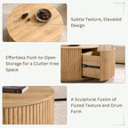JXQTLINGMU 33" Round Coffee Table with Storage, Fluted Drum Coffee Table, Hidden Push-to-Open Drawer, Natural Oak
