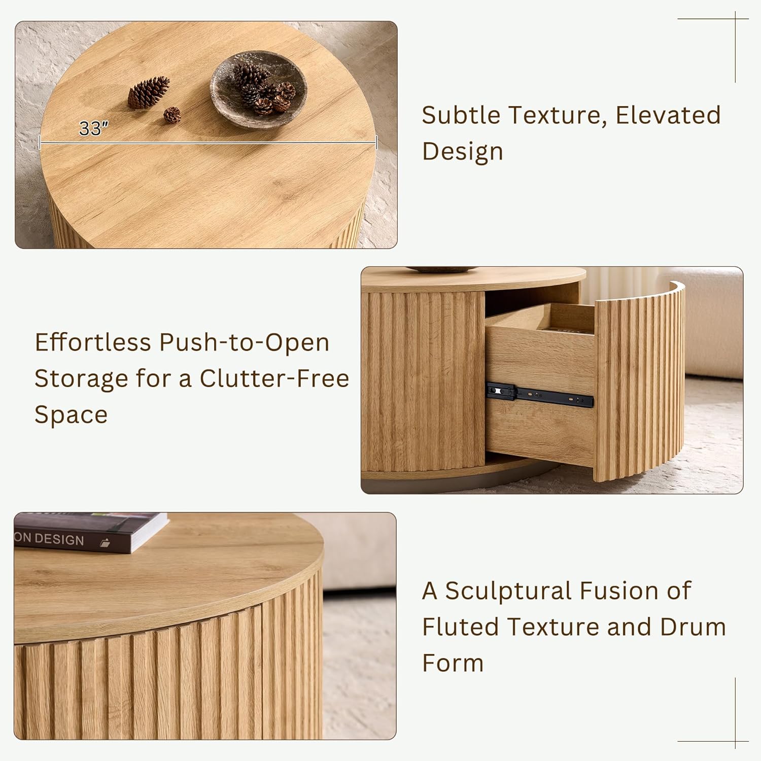 JXQTLINGMU 33" Round Coffee Table with Storage, Fluted Drum Coffee Table, Hidden Push-to-Open Drawer, Natural Oak