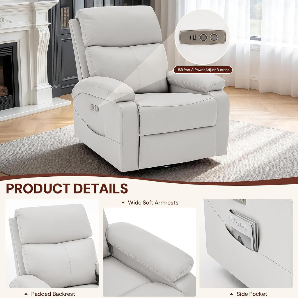 Korser Power Swivel Rocker Recliner Chair. Electric Glider Rocking Chair Nursery with Massage & Heat. PU Leather Nursery Rocking Chairs with USB & Type-C Ports for Living Room, Bedroom, Nursery, White