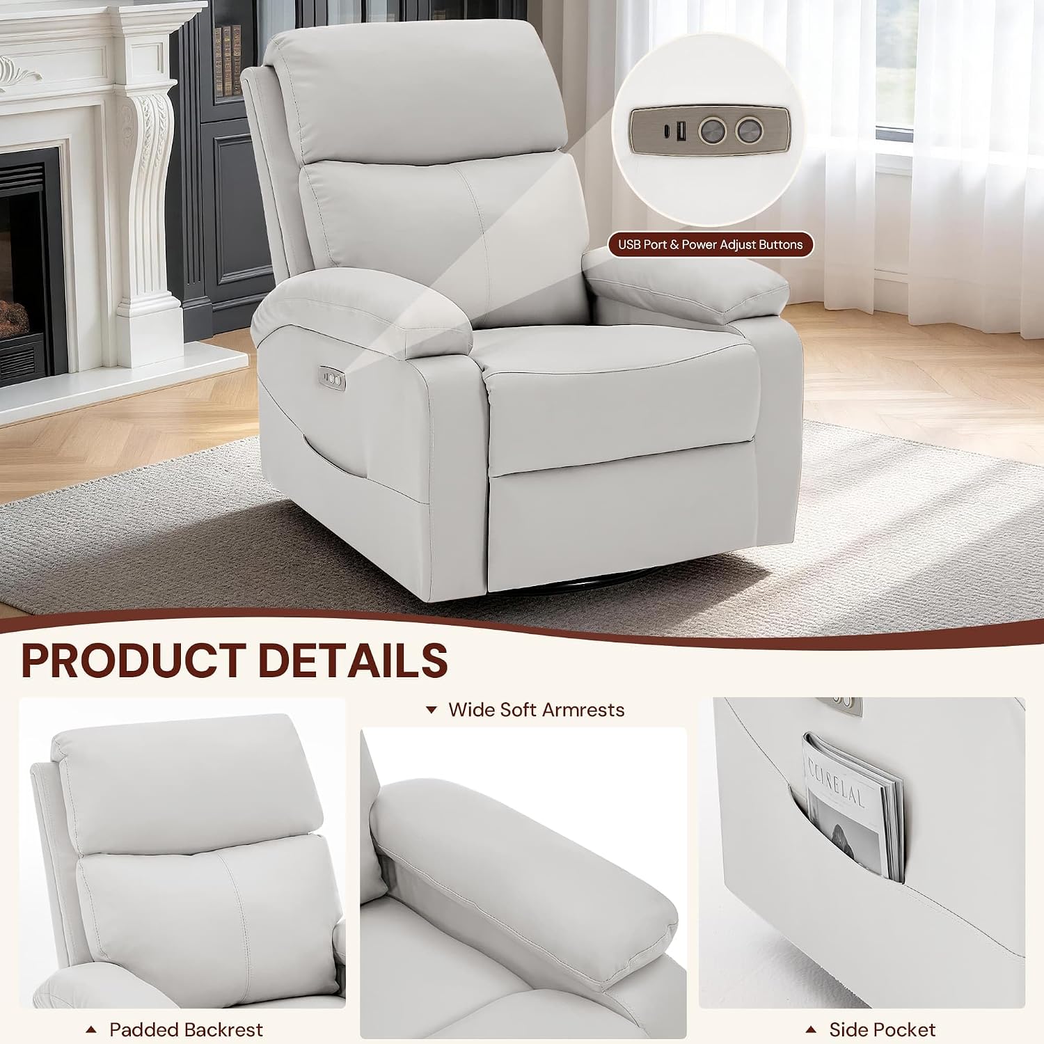 Korser Power Swivel Rocker Recliner Chair. Electric Glider Rocking Chair Nursery with Massage & Heat. PU Leather Nursery Rocking Chairs with USB & Type-C Ports for Living Room, Bedroom, Nursery, White