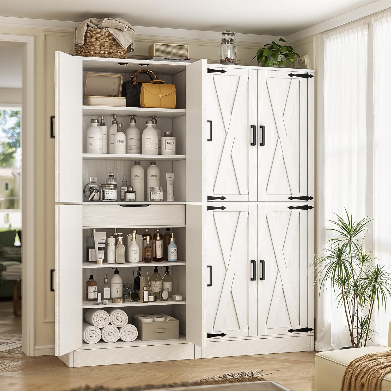 Unikito 71" Tall Kitchen Pantry Cabinet with Farmhouse Barn Doors and Storage Drawer, 8 Adjustable Shelves, Freestanding Cupboard for Dining Room, Living Room, Utility Room, White, 2 Pack