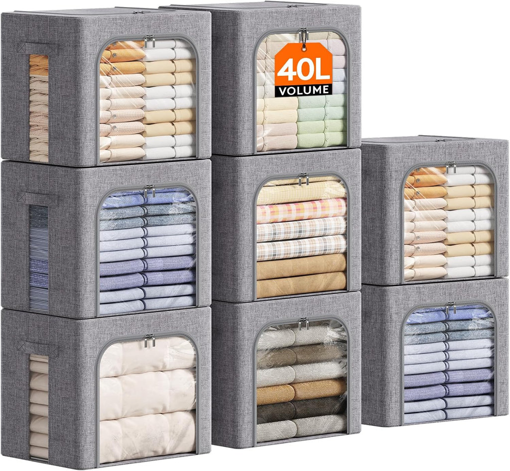 Lifewit Clothes Storage Bins with Metal Frame, Stackable Storage Box, Foldable Clothing Storage Bins with Lids, 40L Storage Bags Fabric Box Organizer with Clear Window＆ Zippers＆ Sturdy Handles 8 Pack