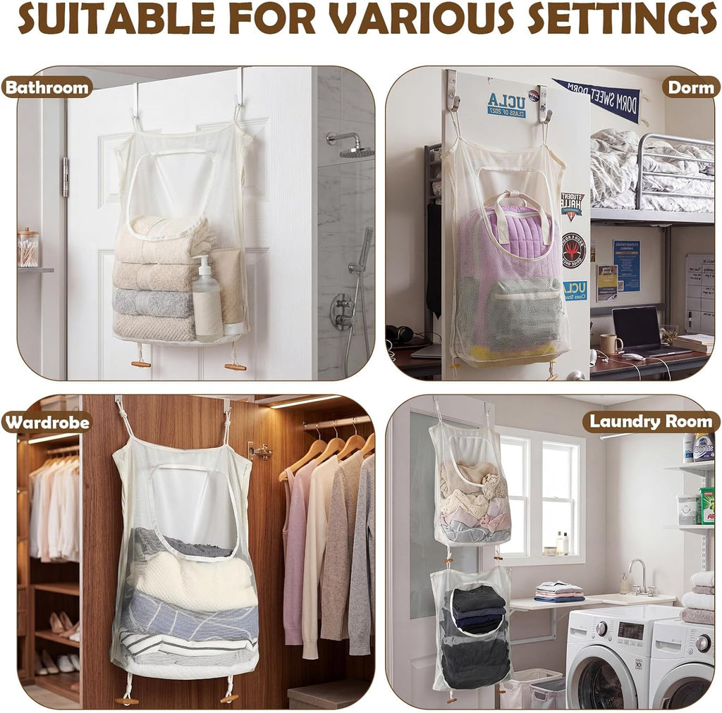 Tranqun 3 Pcs over the Door Hanging Laundry Hamper 65 x 19.7 Inches Mesh Laundry Hamper Bag Behind the Door Dirty Clothes Organizer with Hooks for Bathroom Camper Apartment College Dorm Room