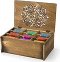 WRINGKIT Tea Bag Organizer Storage Box, Wood, 9 Compartments | Tea Chest Containers with Floral Carved Lid, Tea Holder Box for Assorted Spice Packets, Home Decor, Multi-Functional Storage