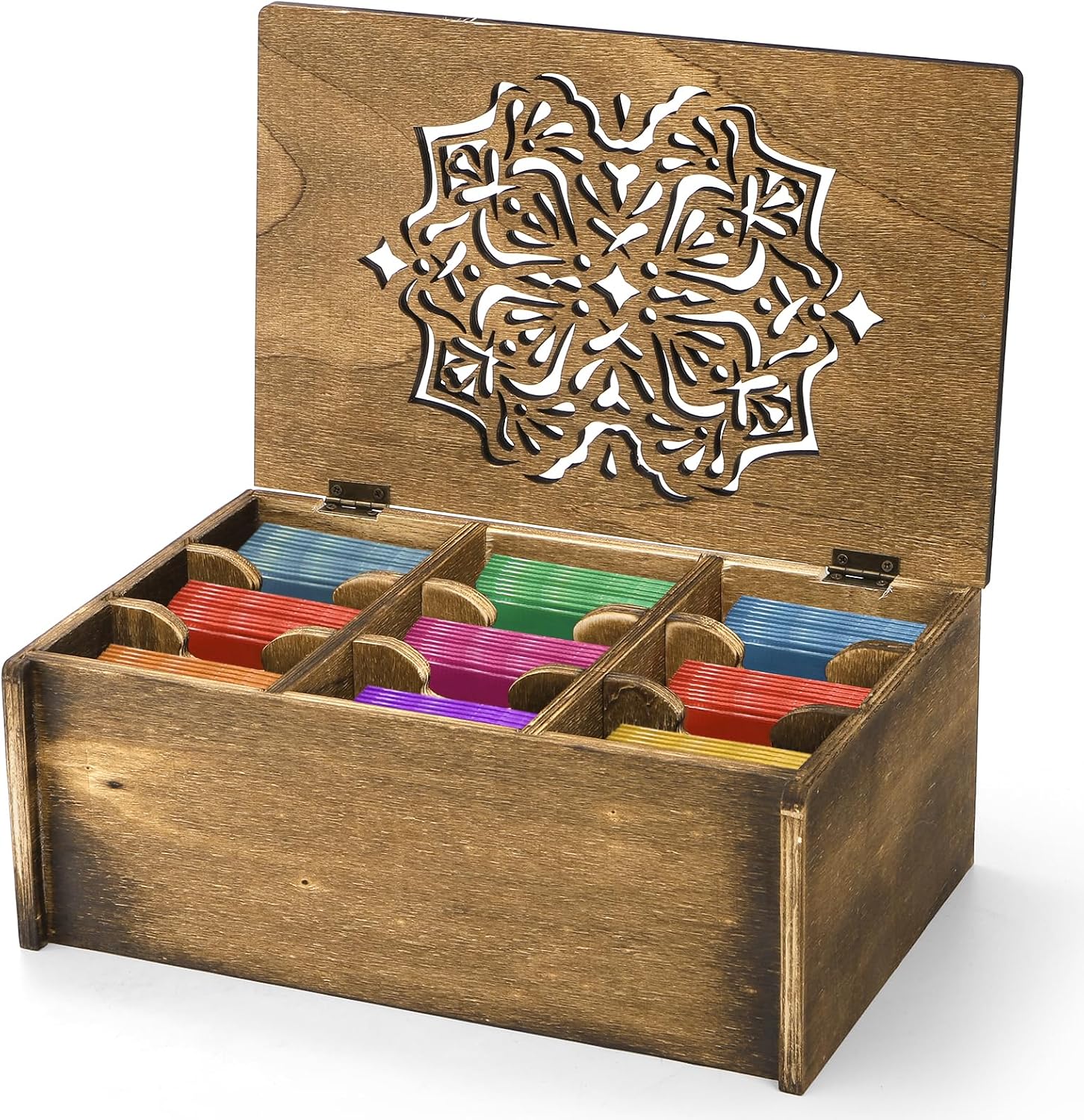 WRINGKIT Tea Bag Organizer Storage Box, Wood, 9 Compartments | Tea Chest Containers with Floral Carved Lid, Tea Holder Box for Assorted Spice Packets, Home Decor, Multi-Functional Storage