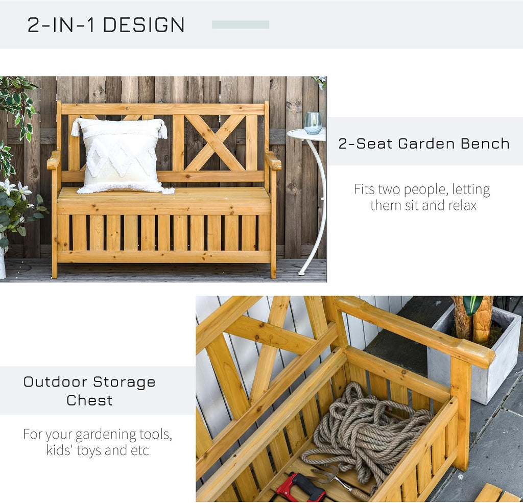 Patio Wooden Bench with Storage Box, 29 Gallon Outdoor Storage Bench, Large Entryway Deck Box w, Unique X Shape Back, for Deck, Porch Balcony, Yellow