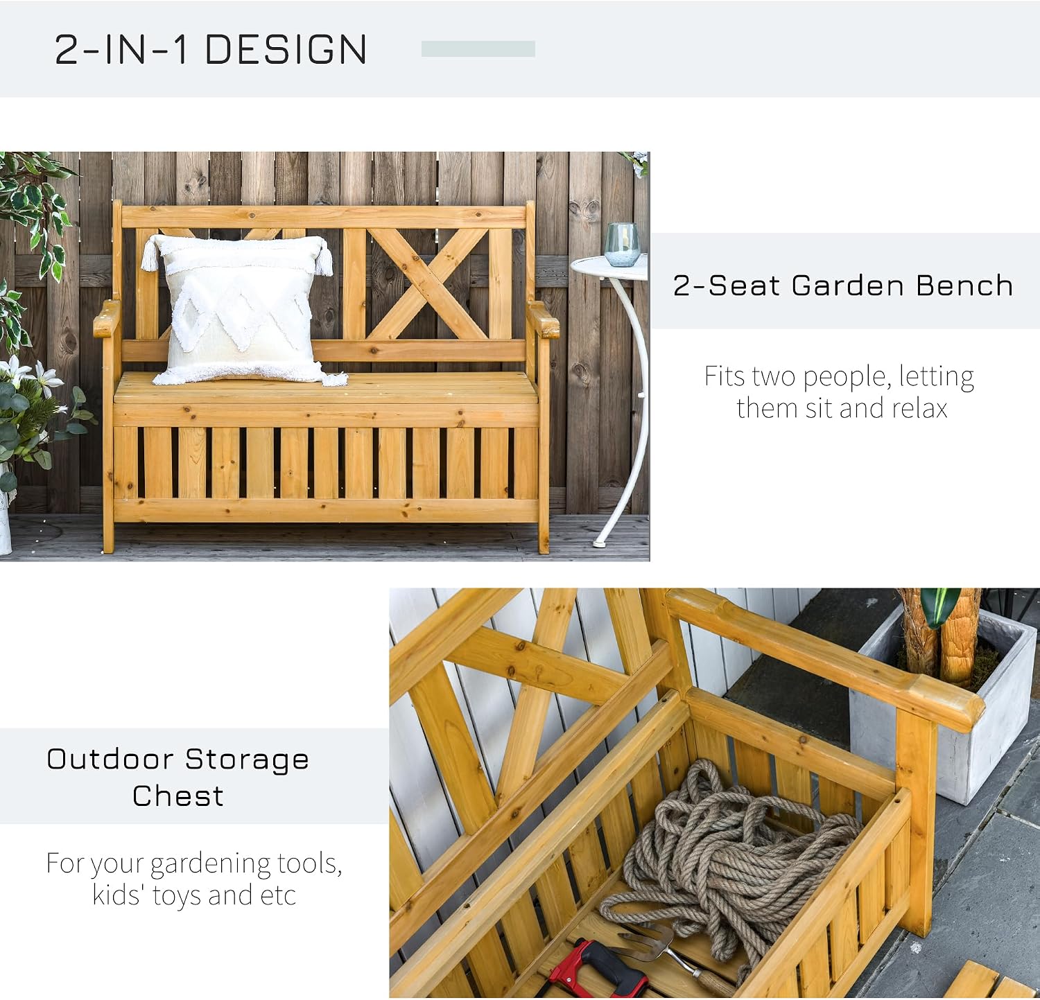 Patio Wooden Bench with Storage Box, 29 Gallon Outdoor Storage Bench, Large Entryway Deck Box w, Unique X Shape Back, for Deck, Porch Balcony, Yellow
