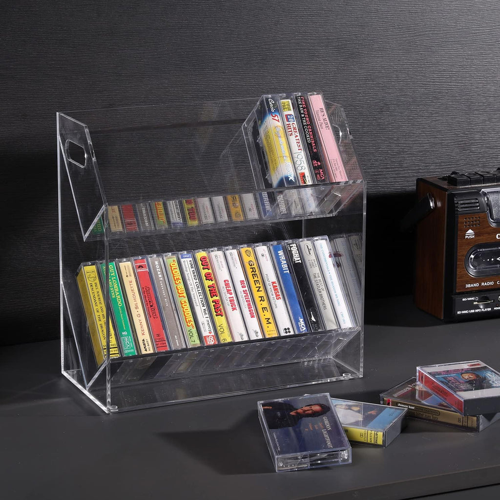 MyGift Clear Acrylic Cassette Tape Holder, 2 Tier Retro Audio Tape Deck Storage Display Case with Cutout Handles