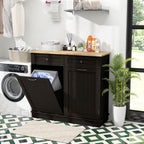 Tilt Out Trash Can Cabinet, Kitchen Island with Storage (Brown) | Large Cabinet & 2 Drawers, Adjustable Shelf, Hidden Garbage Can for Laundry, Kitchen, Bathroom