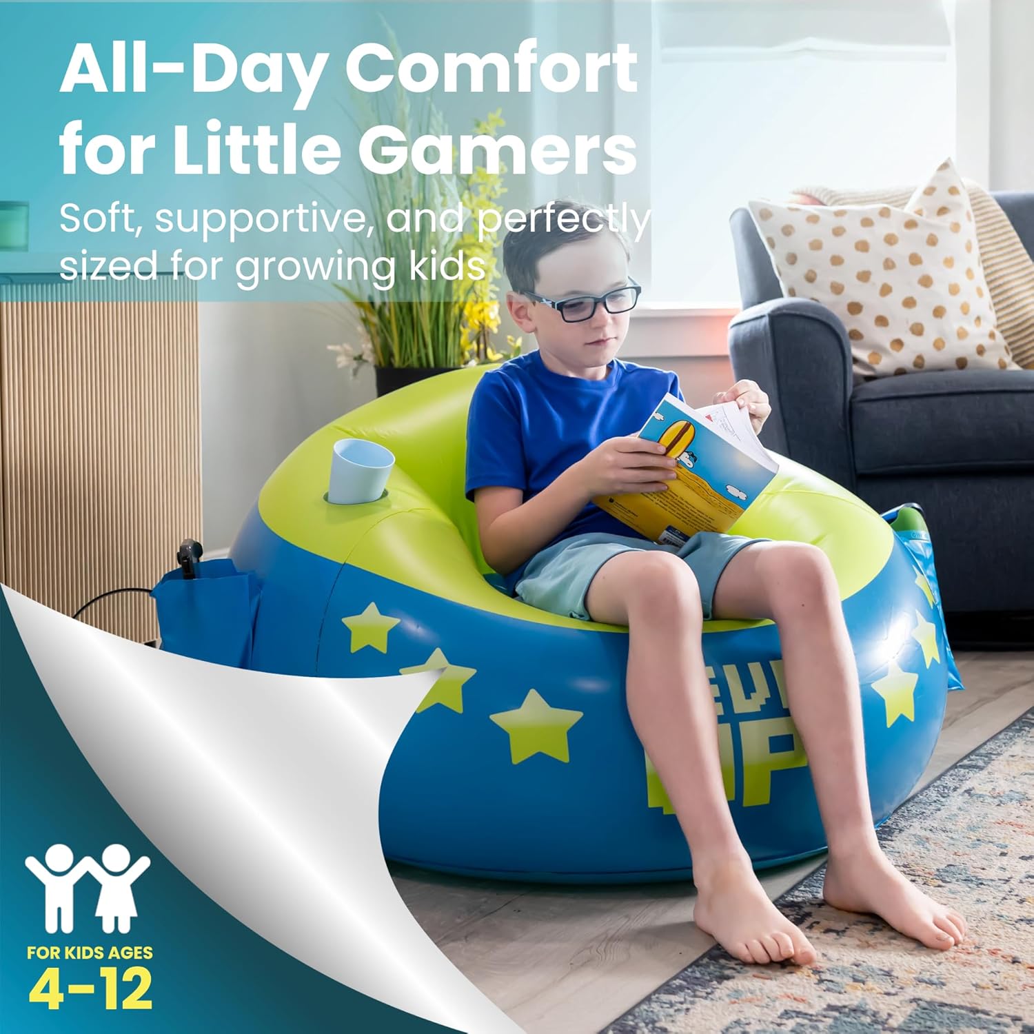Inflatable Gaming Chair for Kids – Supports Up to 300 lbs, Includes Air Pump, Cup Holder, 2 Pockets – Durable Bean Bag Seat, Comfy Kids Gaming Chair & Top Gamer Chairs for Kid Room
