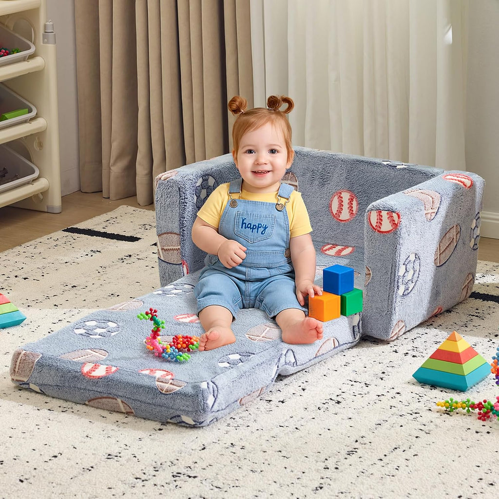 Karl home Comfy 2-in-1 Toddler Chair and Couch, Convertible Plush Fold Out Sofa to Lounger for Kids, Flip Open Sleeper for Playroom, Glowing Blue Ball