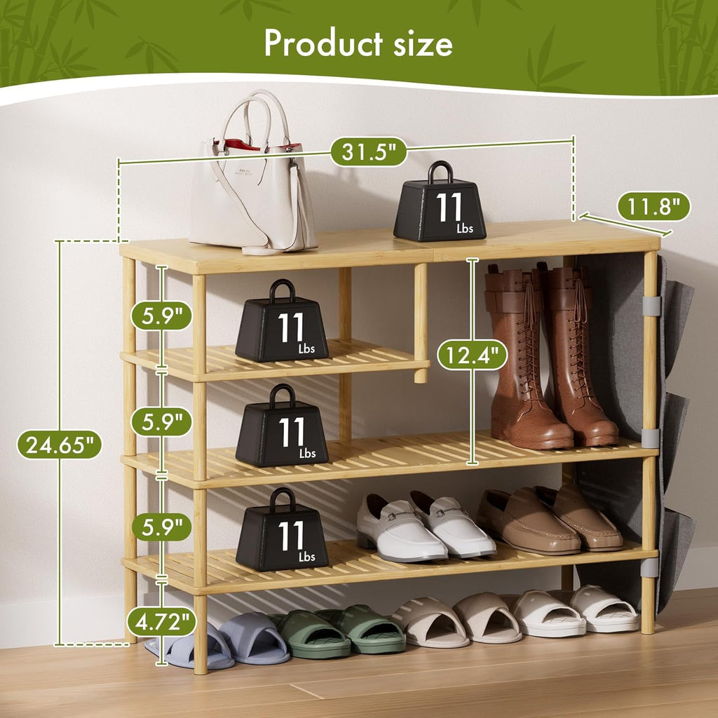 Bamboo Shoe Rack, 4 Tiers Shoe Organizer for Closet, Shoes Storage for 20-24 Pairs, Freestanding Shoe Shelf with Removable Pocket for Entryway Bedroom Front Door Dorm