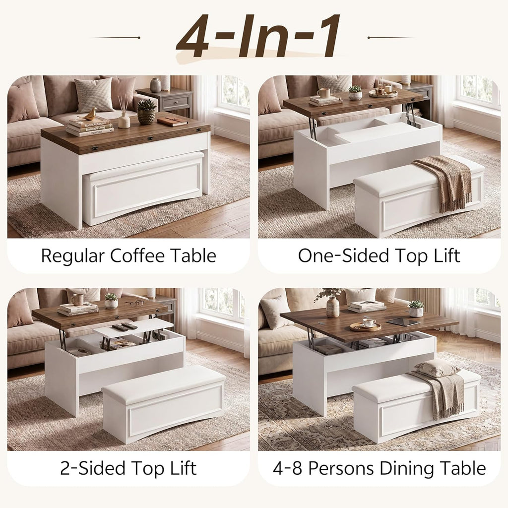 Lift Top Coffee Table Set with Storage Bench, 4-in-1 Convert Gaming/Reading/Dining Table, 40'' Multi-Function Coffe Tables with Hidden Compartment & Open Shelves, for Living Room, White Brown