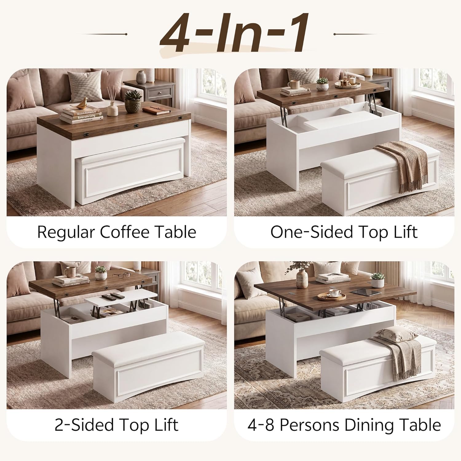 Lift Top Coffee Table Set with Storage Bench, 4-in-1 Convert Gaming/Reading/Dining Table, 40'' Multi-Function Coffe Tables with Hidden Compartment & Open Shelves, for Living Room, White Brown