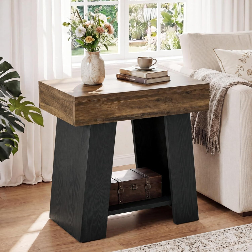 Tribesigns Wooden End Table, 2-Tier Farmhouse Nightstand Sofa Side Table with Storage Shelf, Two-Tone Side Table for Couch, Heavy-Duty Bedside Table for Bedroom, Living Room, Rustic Brown & Black