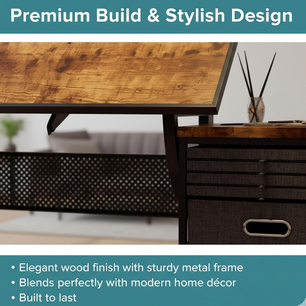 Adjustable Drafting Table with 4 Trays & 2 Storage Drawers, Multifunctional Tilting Drawing Art Desk, Vintage Drawing Table Art Craft Workstation for Studio Home Office Painting Writing (Style-A)