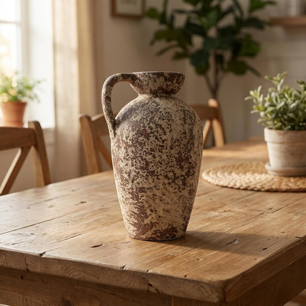 Brown Ceramic Rustic Farmhouse Vase Jug Pitcher with Handle, Distressed Antique Terracotta Pottery Flower Vase 14.2 Inch Handmade Large Floor Vintage Decorative for Home Living Room Decor
