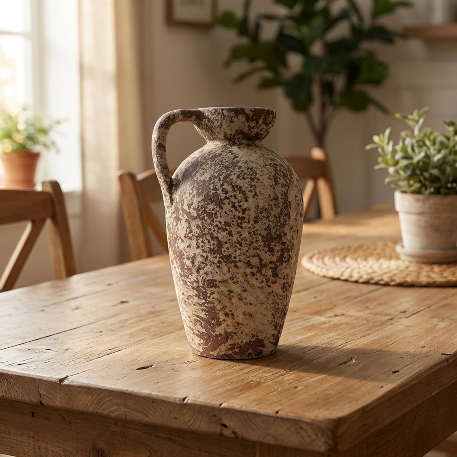 Brown Ceramic Rustic Farmhouse Vase Jug Pitcher with Handle, Distressed Antique Terracotta Pottery Flower Vase 14.2 Inch Handmade Large Floor Vintage Decorative for Home Living Room Decor