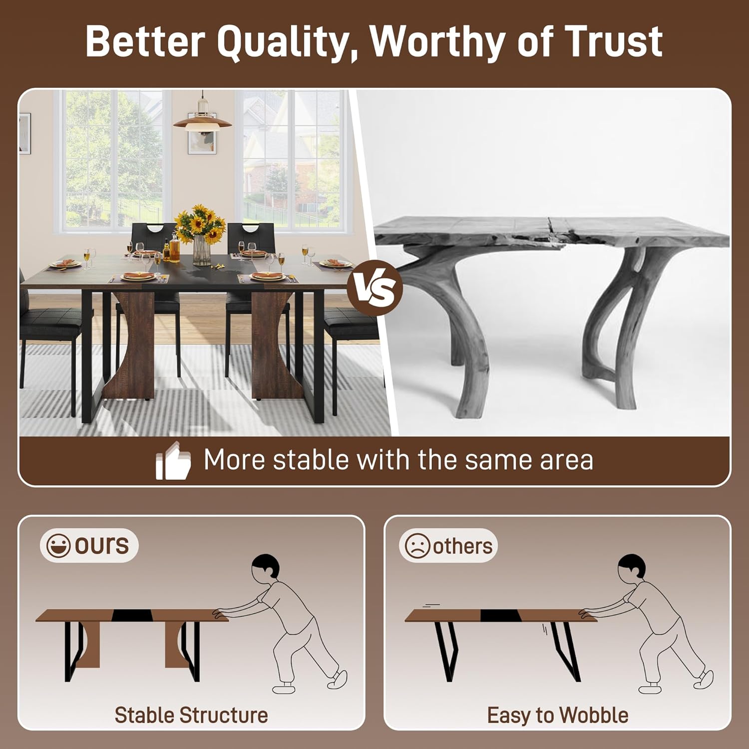 70IN Large Dining Table for 4 5 6 People,Farmhouse Kitchen Dinner Table W/Brown Wood Waterpoof Tabletop,Rectangular Family 6FT Dining Tables w/Adjustable Leg for Office Home Living Dining Room