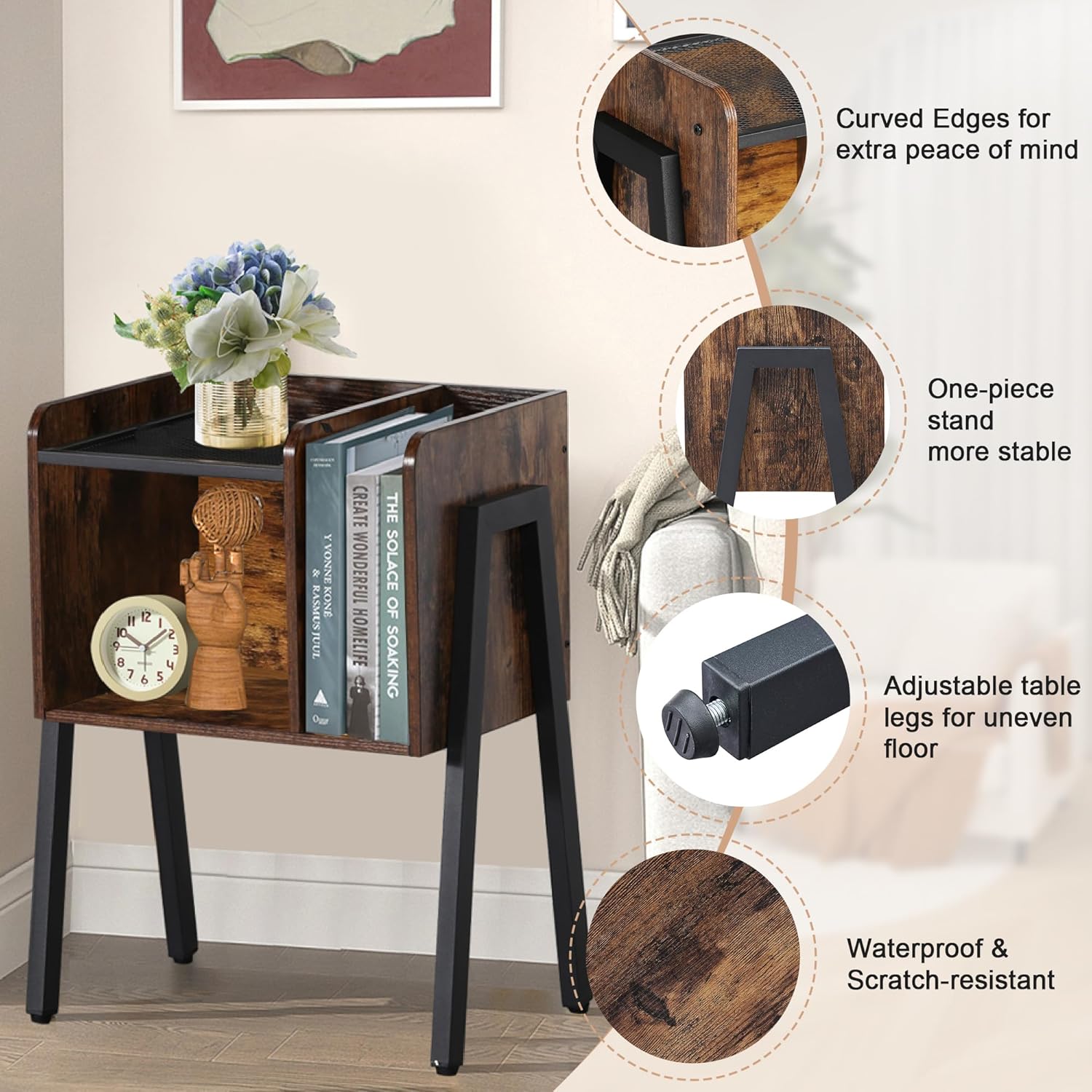 VECELO Night Stand Industrial End Table,Bedside Table with 2-Tier Open Storage Compartments,Wood Side Table with Metal Frame for Bedroom, Living Room and Small Spaces