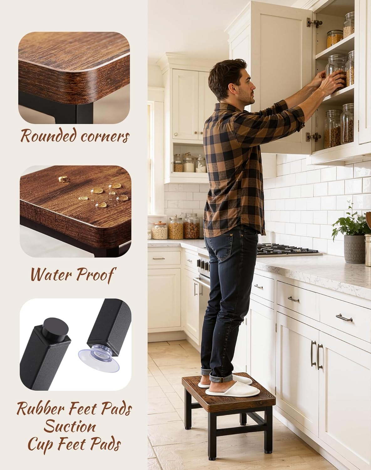 PARTPHONER Wooden Step Stool for Adults & Kids, 480-LBS Heavy Duty with Non-Slip Rubber Feet & Suction Cup Pads, Bed Stool for High Beds, Ideal for Bedroom, Living Room, Bathroom, Kitchen,Rustic Brown