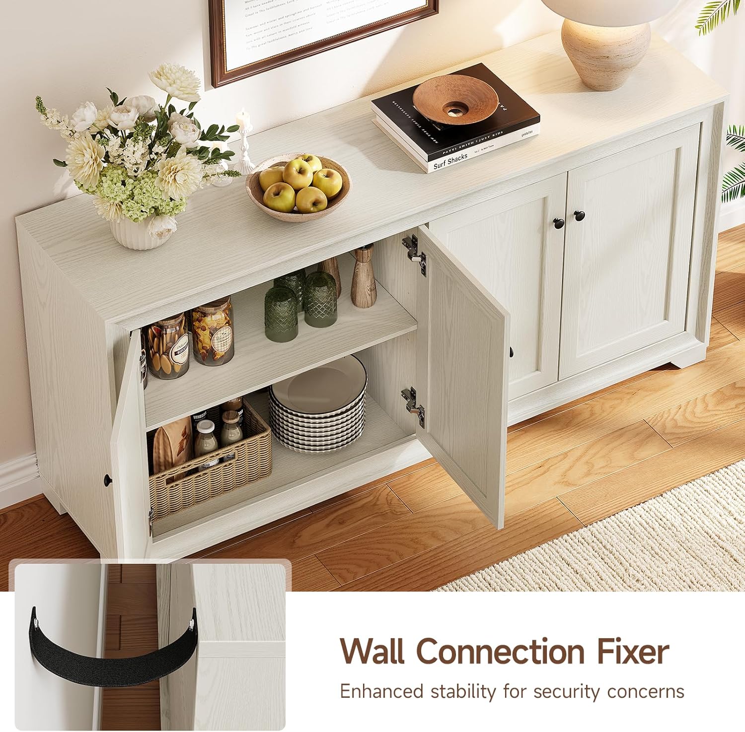 ONBRILL 60" Buffet Cabinet with Storage, 4 Doors Sideboard Buffet Cabinet with Adjustable Shelves, Modern Coffee Bar Console Table for Living Room, Kitchen, Entryway, Grey