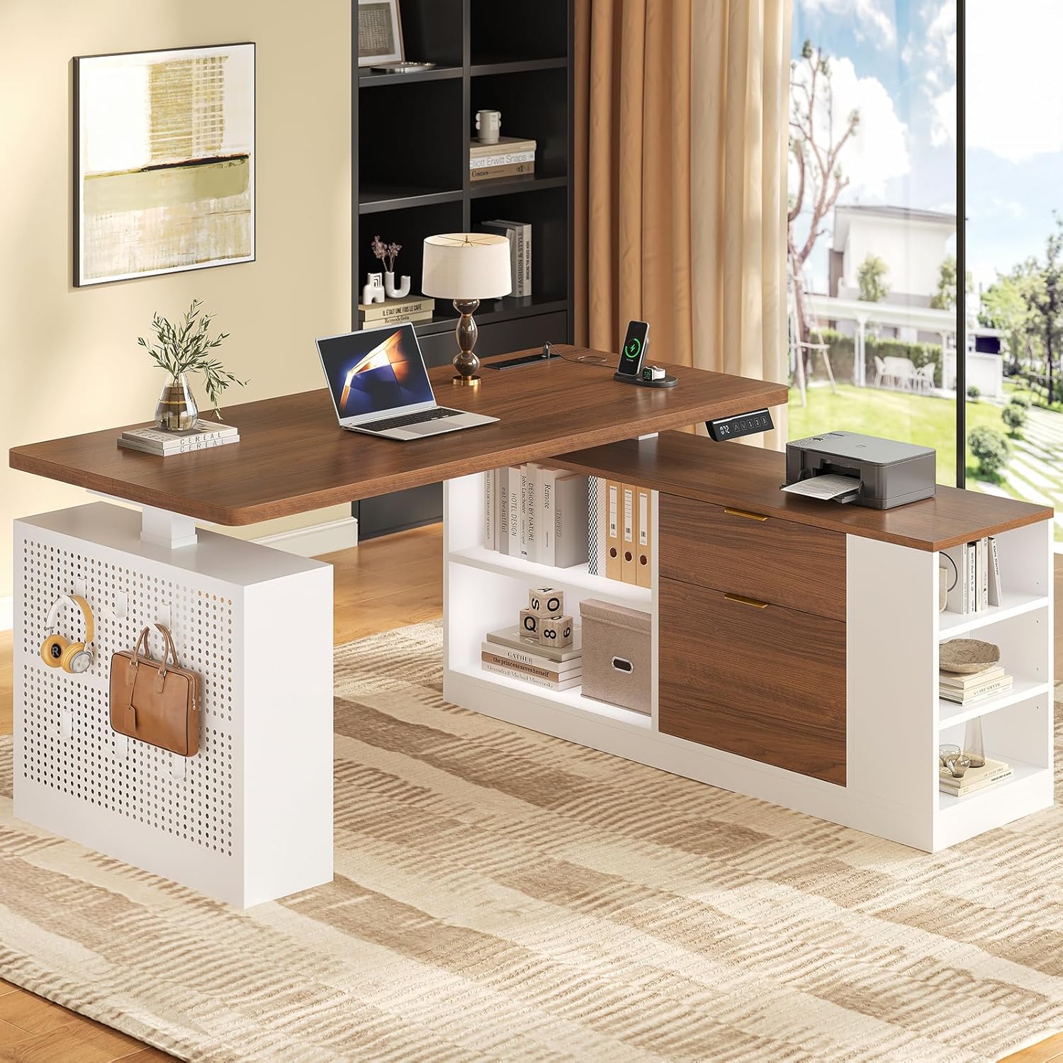 UPOSOJA L Shaped Standing Desk Adjustable Height, 53" Electric Office Desk with File Drawers & Storage Shelves, Sit Stand Corner Computer Desk with Power Outlets, Pegboard, 6 Hooks, White& Walnut