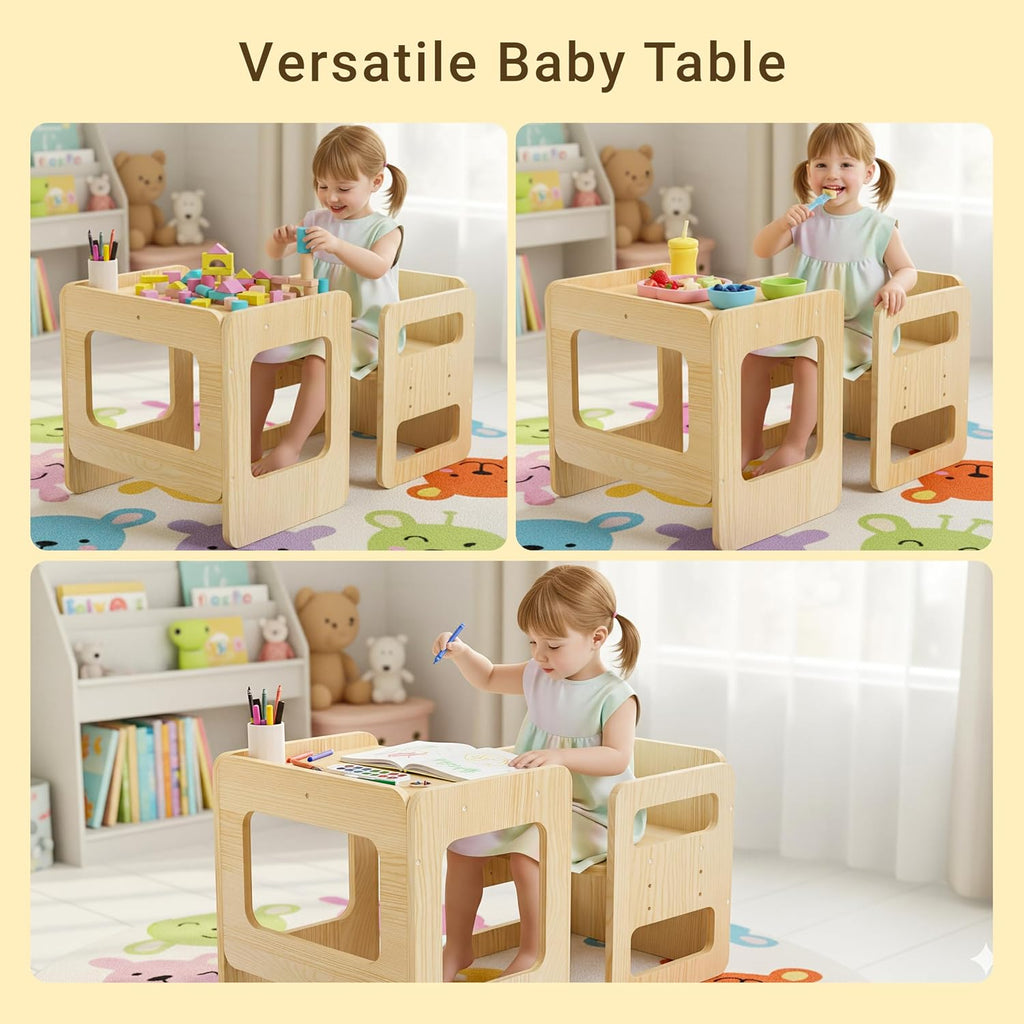 Tilhumt Montessori Weaning Table and Chair Set - 3 Adjustable Height Kids Activity Table with Fence Wood Toddler Table and Chair Set for 1-3 Age Kids for Read, Playing, Eating, Step Stool