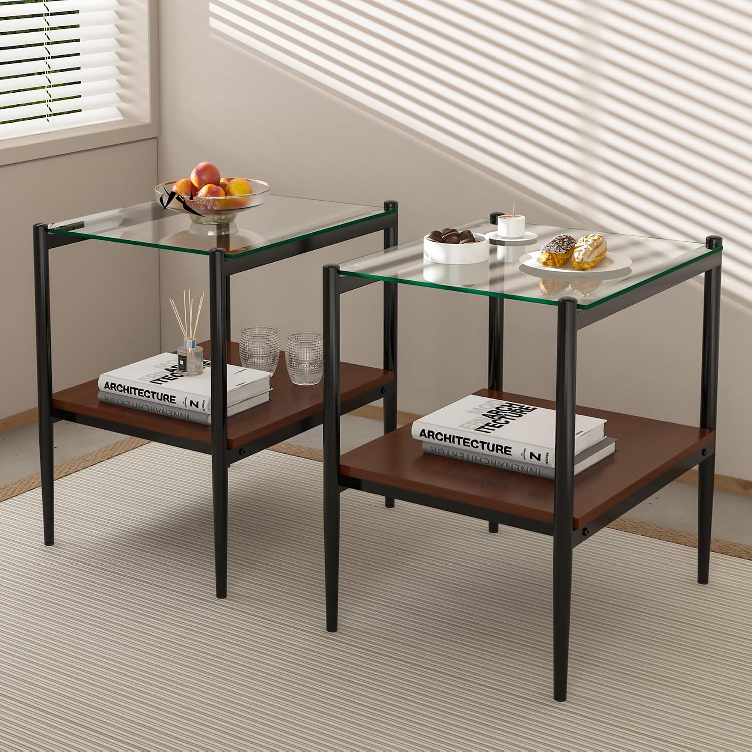 mikibama Set of 2 Rectangle Small End Tables,Tempered Glass Sofa Side Table with MDF Storage Shelf,Metal Legs,Modern Table for Living Room,Bedroom,Small Space,Office,Transparent+Black