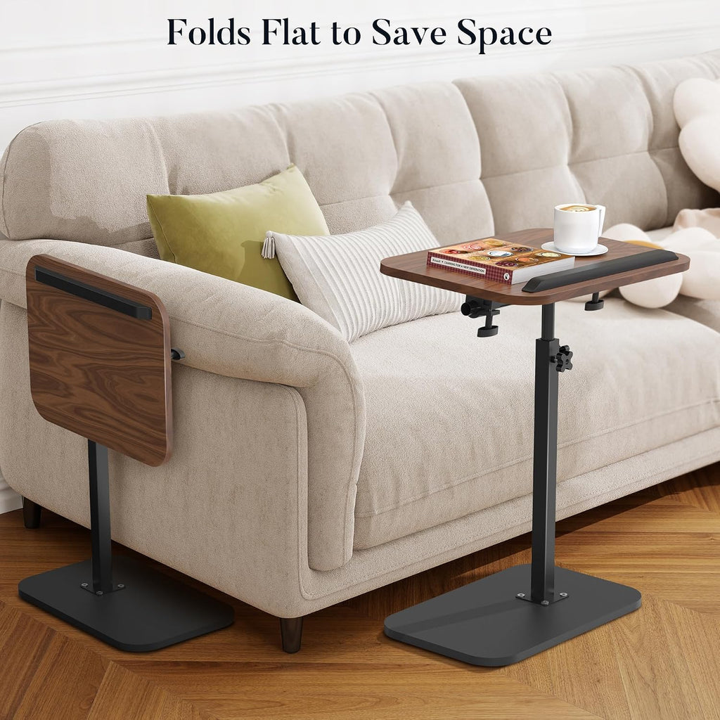 ENNVA Side Table for Couch, Adjustable Height C Shaped End Table, Narrow Sofa Side Table for Living Room & Bedside, Brown Wooden Top with Black Metal Base