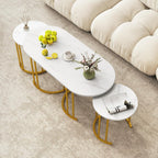 Giantex Nesting Coffee Table Set of 3, Stacking Side Tables with Faux Marble Tabletop & Gold Metal Frame, Oval Coffee Table & 2 Round End Tables, 3-Piece Modern Living Room Table Set for Apartment